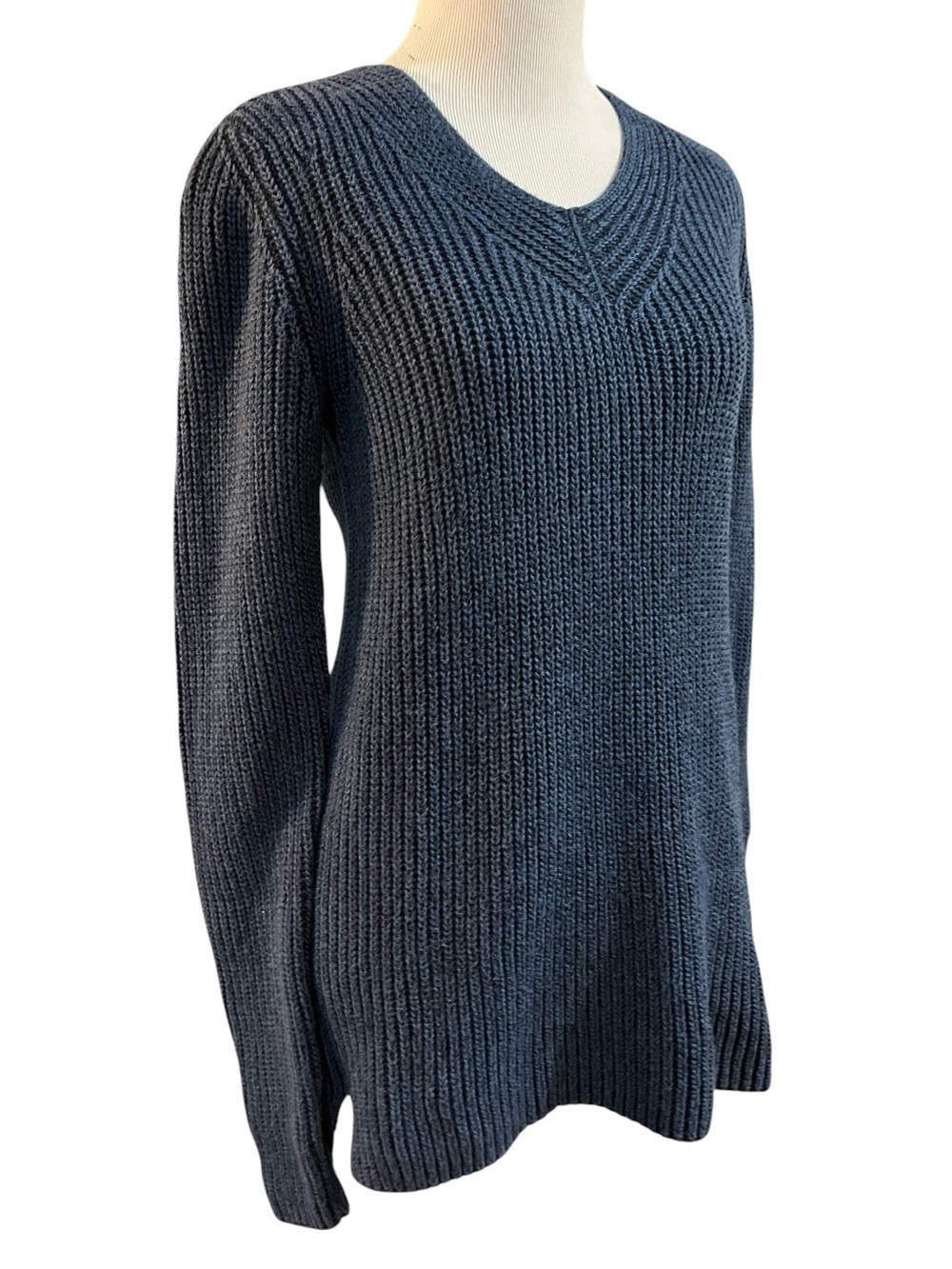 LL BEAN V NECK RIBBED HEAVY KNIT TUNIC LENGTH SWEATER BLUE SIZE EXTRA SMALL